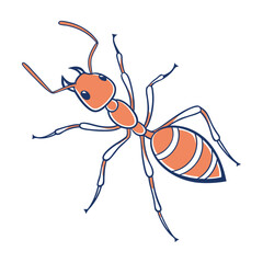 Stylized cartoon illustration of a single orange ant with dark blue outlines on a white background