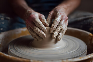 Delicate hands guiding and shaping wet clay on a potter’s wheel, bringing art to life through pottery.