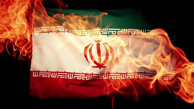 Iranian flag engulfed in flames against a dark background creating a dramatic and intense scene