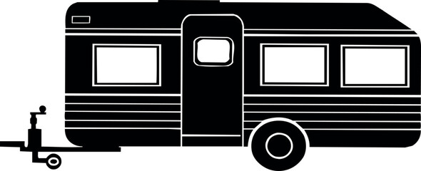 black silhouette of a travel trailer or camper against a white background. The image is rendered in a minimalist silhouette style, emphasizing the overall shape of the object.