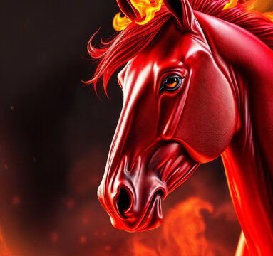 Red horse head with flame-like mane set against a dark background showcasing a fiery and dramatic atmosphere