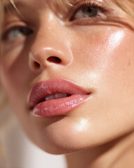Close up of person face showcasing glossy pink lips and radiant skin under soft natural light, highlighting fresh and youthful appearance. image captures sense of beauty and elegance