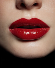 Obraz premium Closeup of luscious red lips showcasing glossy finish against deep black background, exuding elegance and allure. vibrant color highlights beauty and sophistication of classic makeup