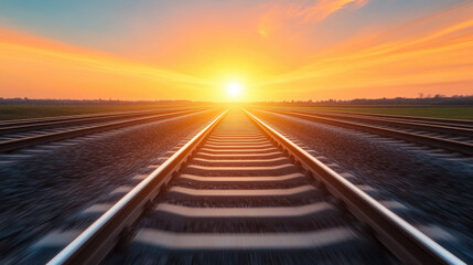 The train tracks are empty and the sun is setting