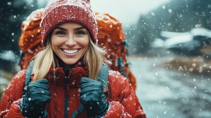 A smiling woman dressed warmly in a red jacket and hat poses in a snowy wilderness, showcasing adventure and positivity in nature while ready for the great outdoors.