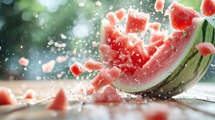 A vibrant explosion of juicy watermelon pieces, captured mid-splash, symbolizing freshness, summer fun, and the joy of enjoying fruits.