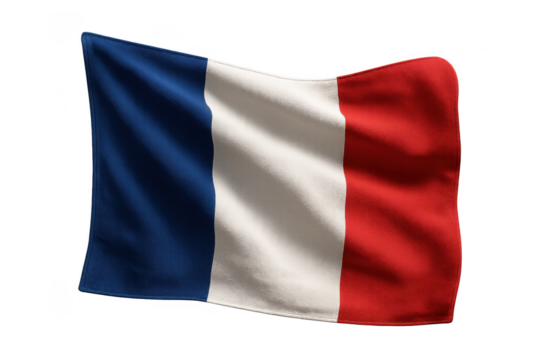 Realistic French flag waving isolated on transparent background, vibrant colors - Powered by Adobe