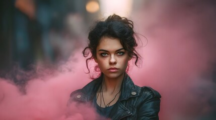 A serious confident young woman standing in an urban city street surrounded by dramatic pink smoke her intense gaze and strong presence commanding attention against the blurred background