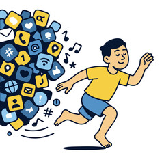 Young man running away from social media icons, seeking freedom and balance in life