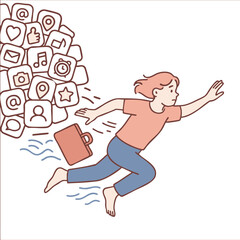 Person running away from social media icons, seeking freedom and simplicity in life