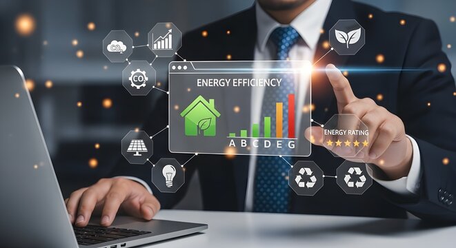 Energy Efficiency Graphic Interface on Digital Screen with Businessman | Concept for Sustainable Technology, Green Energy Solutions and ESG Investment