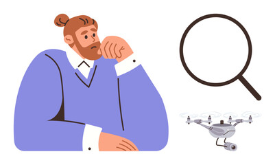Man resting head on hand with contemplative expression, magnifying glass representing research, drone for technology and innovation. Ideal for problem-solving, innovation, analysis, strategy