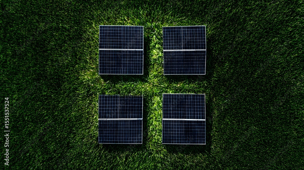 Poster aerial view of a set of four solar panels arranged in a square formation on a lush green grass lands