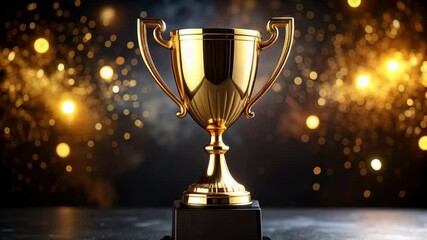 Elegant gold trophy on a black base with shimmering bokeh lights, symbolizing success, achievement, competition victory, and recognition on a dark surface.