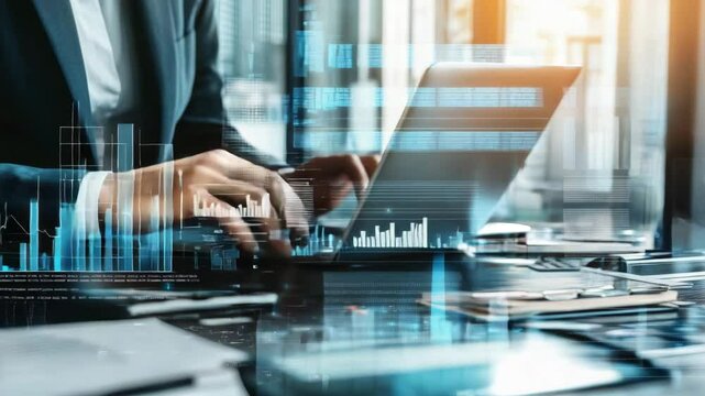 Analyzing data on digital interface in modern office environment with futuristic augmented reality graphs - Powered by Adobe