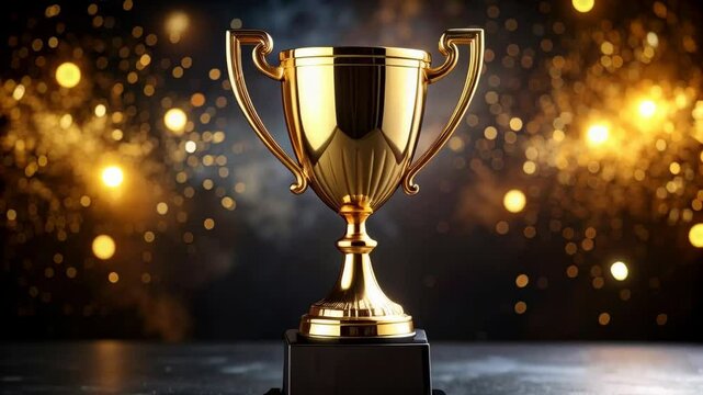Elegant gold trophy on a black base with shimmering bokeh lights, symbolizing success, achievement, competition victory, and recognition on a dark surface.