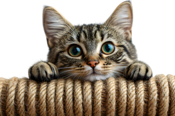 Cat scratching post with sisal rope isolated on white background