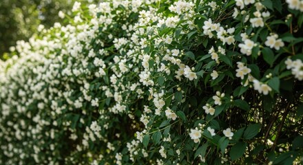 Lush Green Hedge Covered in Beautiful White Jasmine Flowers