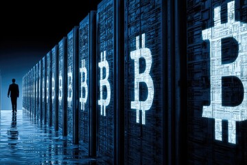 A solitary figure walks down a long corridor lined with server racks, each illuminated with glowing Bitcoin symbols
