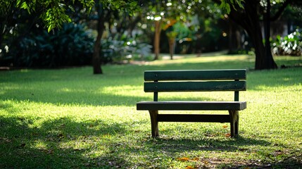 Serene park bench on sun-dappled lawn, surrounded by lush greenery and trees, offering peaceful respite