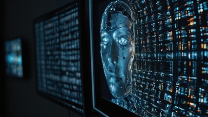 Robot Head Displayed on Monitor with Data Stream in the Background