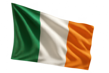 Realistic flag of Ireland, waving on transparent background, isolated render.