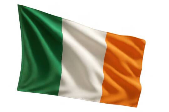Realistic flag of Ireland, waving on transparent background, isolated render.