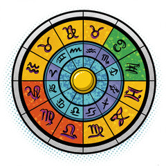 Colorful zodiac wheel with astrological symbols on white background  