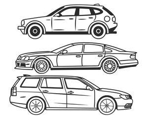 Obraz premium Black and White Mini Car Illustration Set