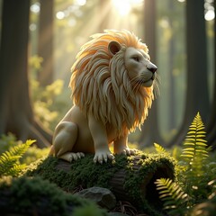 Majestic White Lion in Sunlit Forest