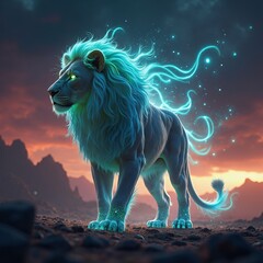 Majestic White Lion with Glowing Cyan Mane at Sunset