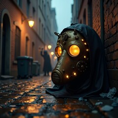 Steampunk Gas Mask in Dark Alleyway