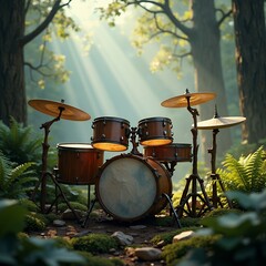 Wooden Drum Kit in a Sunlit Forest