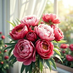 Vibrant Pink Peonies in a Vase by a Window