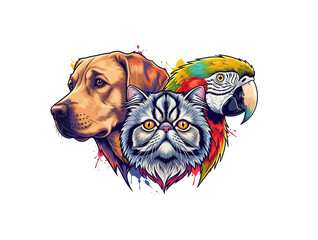 Three animal heads: a golden retriever dog, a Persian cat, and a parrot, with colorful splashes. Pet.