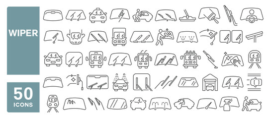 Set of 50 line icons related to wiper, windscreen, vehicles, car window, windshield, wipers, Editable stroke. Vector illustration