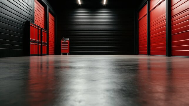 This contemporary garage features bold red storage cabinets against a sleek black backdrop, creating a stylish and functional space for automotive enthusiasts and DIY lovers.
