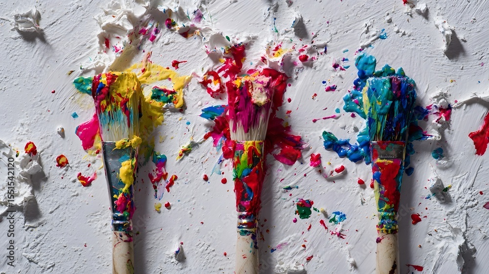 Aufkleber colorful expressive paint splatters and brushes create a display on a textured white wall capturing 