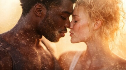 A close, intimate moment between a couple sharing a tender kiss while dust dances in the sunlight, capturing the essence of love and connection in a beautiful setting.