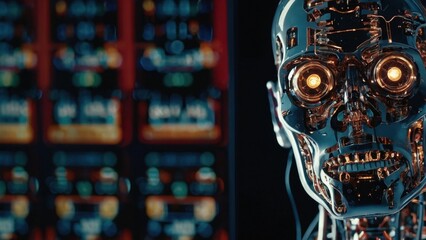 Close-up of a Futuristic Metallic Robot Head with Circuitry Details and Blurry Background