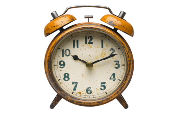 Classic alarm clock with twin bells retro timekeeping device isolated on white background