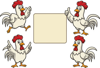 Cartoon chickens with signboard, blank message square, poultry character set, farm animal illustration, funny vector design, text space icon
