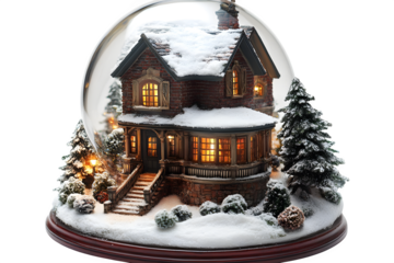 Classic snow globe with miniature house winter scene isolated on white background