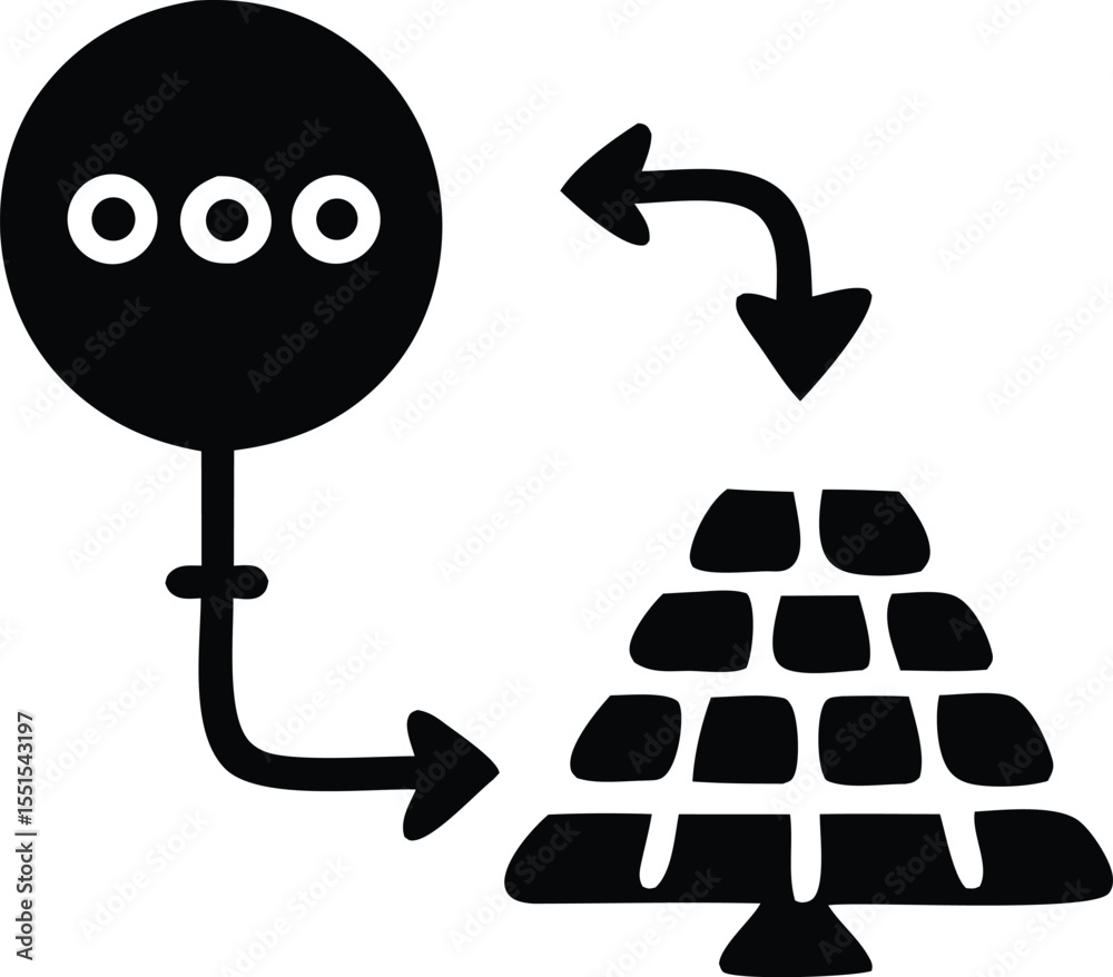 Poster abstract representation of data flow from a circular node with three dots to a stacked pyramid of re