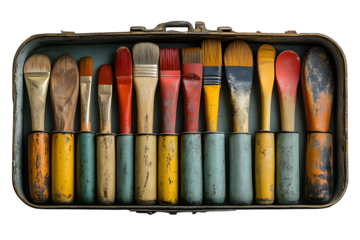 Clay modeling tools in metal case isolated on white background