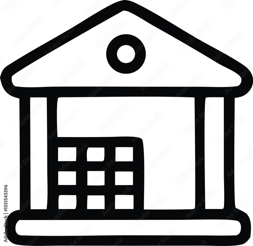 Poster simple black and white icon of a building with columns and a grid pattern representing a bank or ins