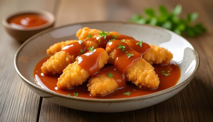 chicken strips with sauce on top 