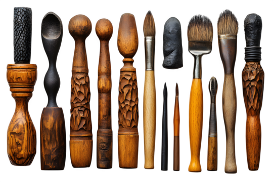Clay sculpting tools arranged neatly isolated on white background