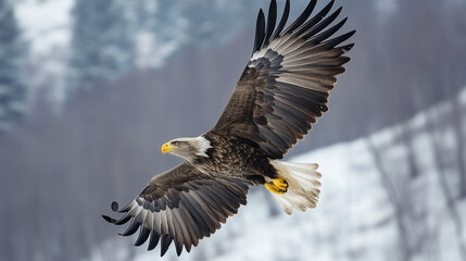 Fototapeta premium Flying Bald Eagle in Winter (겨울에 비행하는 흰머리수리)