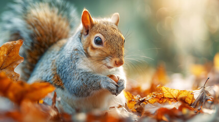 Squirrel holding acorn among colorful fall leaves, photorealistic autumn wildlife close-up with soft morning sunlight and high detail